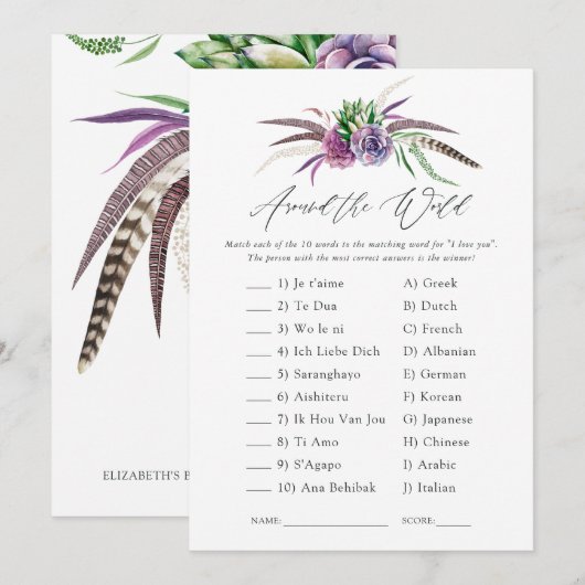 Mystiek Succulent Vrijgezellenfeest Game Kaart (Voorkant / Achterkant)