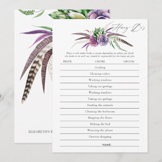 Mystiek Succulent Vrijgezellenfeest Game Kaart (Voorkant / Achterkant)