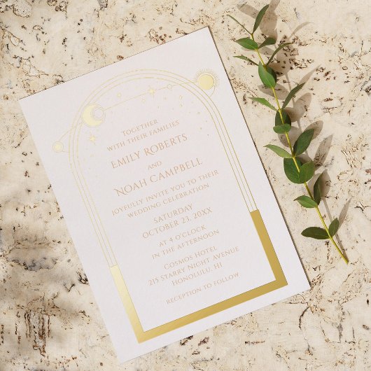 Mystiek Wit Goud Celestial Zon Maan Sterren Folie Folie Uitnodiging