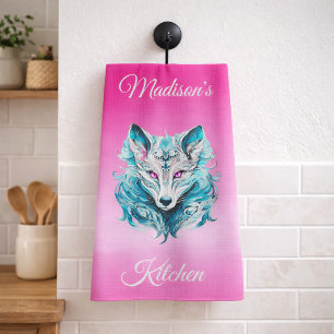 Mystiek Wolfenbos Wolf Turquoise Roze Theedoek
