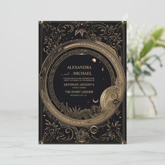 Mystiek Zwart en Goud Tarot Bruiloft Kaart (Staand voorkant)