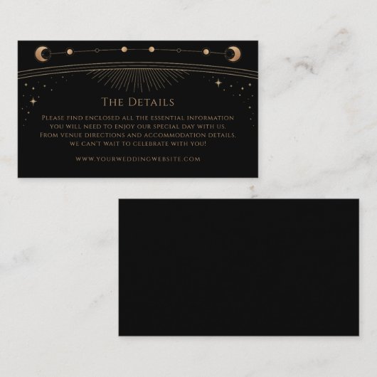 Mystiek Zwart Goud Bruiloft Details Zon Maan Sterr Informatiekaartje (Voorkant / Achterkant)