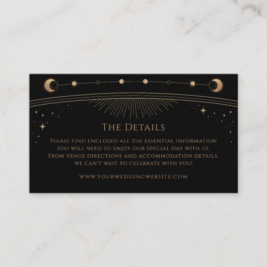 Mystiek Zwart Goud Bruiloft Details Zon Maan Sterr Informatiekaartje (Voorkant)