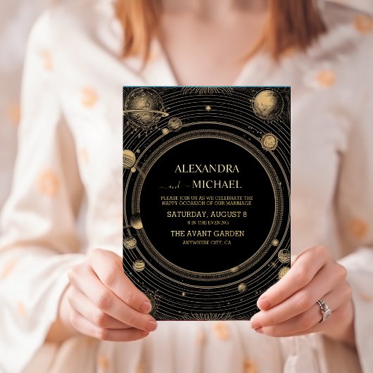 Mystiek Zwart Goud Celestial Galaxy Bruiloft Folie Uitnodiging