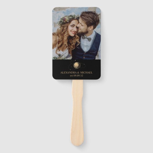 Mystiek Zwart Goud Celestial Galaxy Bruiloft Handwaaier (Voorkant)