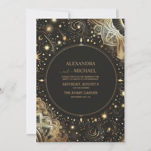 Mystiek Zwart Goud Celestial Galaxy Bruiloft Kaart (Voorkant)