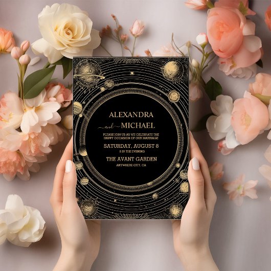 Mystiek Zwart Goud Celestial Galaxy Bruiloft Kaart