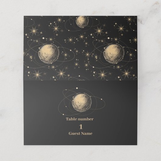 Mystiek Zwart Goud Celestial Galaxy Bruiloft Plaatskaartje (Buitenkant ongevouwen)