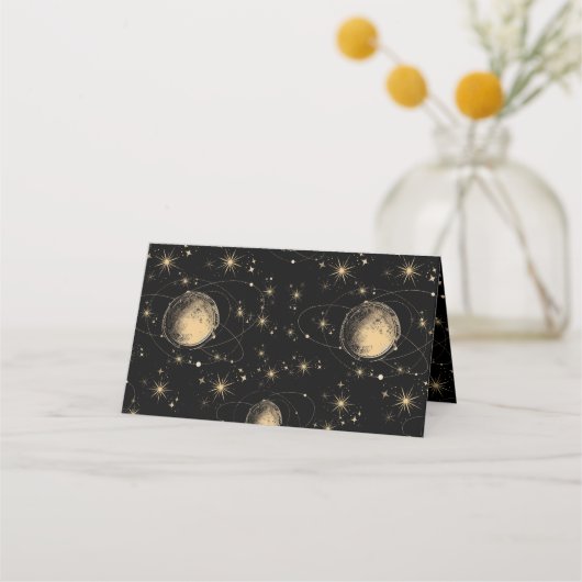 Mystiek Zwart Goud Celestial Galaxy Bruiloft Plaatskaartje (Achterkant)