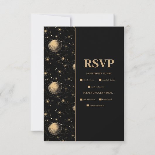Mystiek Zwart Goud Celestial Galaxy Bruiloft RSVP Kaartje (Voorkant)