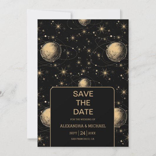 Mystiek Zwart Goud Celestial Galaxy Bruiloft Save The Date (Voorkant)