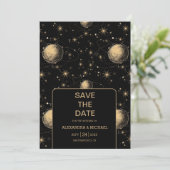 Mystiek Zwart Goud Celestial Galaxy Bruiloft Save The Date (Staand voorkant)