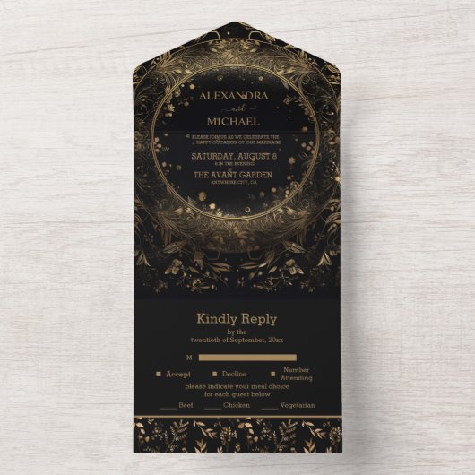 Mystiek Zwart Goud Hemelse Bruiloft All In One Uitnodiging (Binnen)
