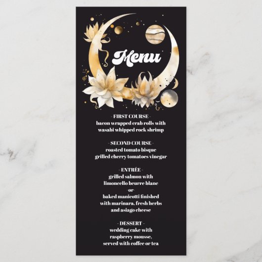 Mystiek Zwart Goud Hemelse Bruiloft Menu (Voorkant)