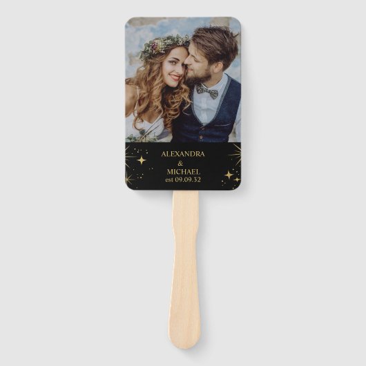 Mystiek Zwart Goud Sterren Bruiloft Details Handwaaier (Voorkant)