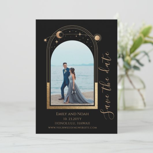 Mystiek Zwart Goud Zon Maan Star Space Save The Date (Staand voorkant)