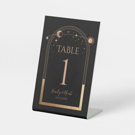 Mystiek Zwart Goud Zon Maan Trouwtafel Nummer Reclamebord Met Voetstuk (Voorkant)