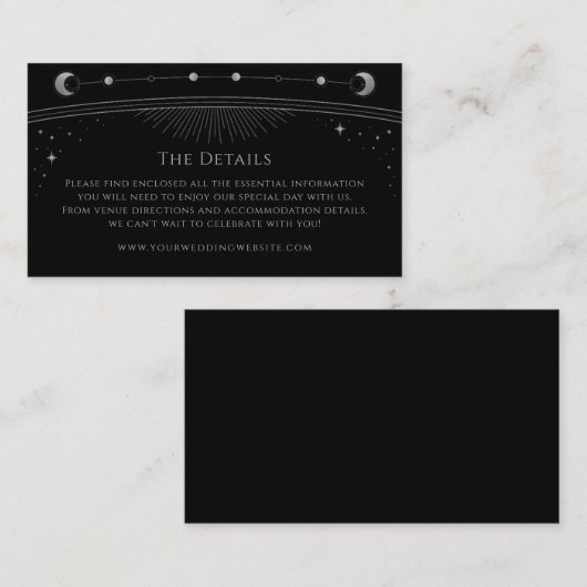 Mystiek Zwart Zilver Bruiloft Details Celestial Informatiekaartje (Voorkant / Achterkant)