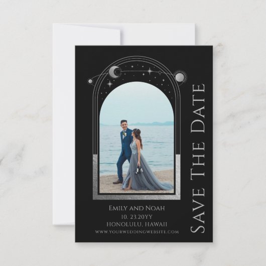 Mystiek Zwart Zilver Zon Maan Star Space Bruiloft Save The Date (Voorkant)