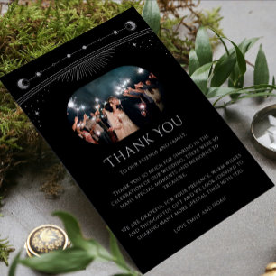 Mystiek Zwart Zilver Zon Maan Ster Foto Bruiloft Bedankkaart