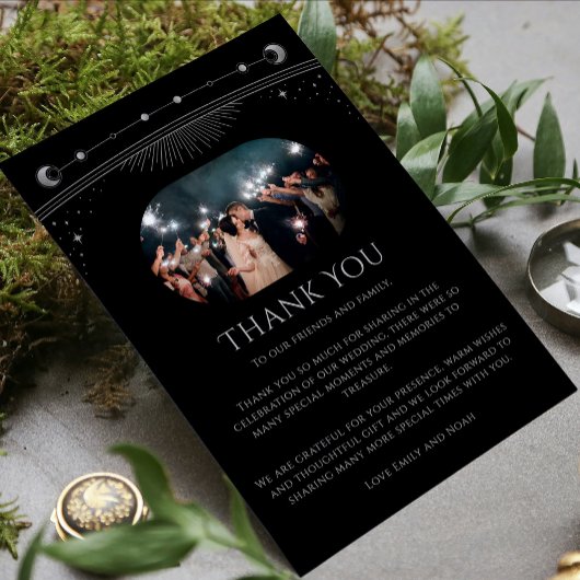 Mystiek Zwart Zilver Zon Maan Ster Foto Bruiloft Bedankkaart