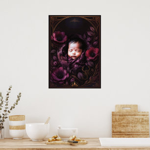 Mystieke Baby en Paarse Bloemen Muurkunst Poster