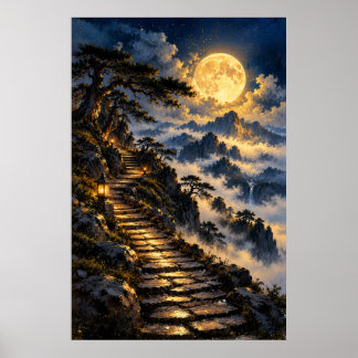 Mystieke bergstenen pad gloeiende maanverlichte poster