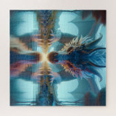 Mystieke Blauwe Draak Kijkend naar Reflectie in Wa Legpuzzel (Horizontaal)
