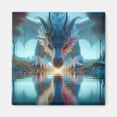 Mystieke Blauwe Draak Kijkend naar Reflectie in Wa Magneet (Voorkant)