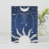 Mystieke Blauwe en Zilveren Zon Maan Bruiloft Save The Date (Staand voorkant)