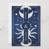 Mystieke Blauwe en Zilveren Zon Maan Bruiloft Save The Date (Achterkant)
