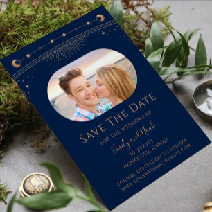 Mystieke Blauwe Gouden Hemelse Trouwfoto Save The Date