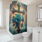 Mystieke blauwe Rozen en kruis Douchegordijn (In situ)