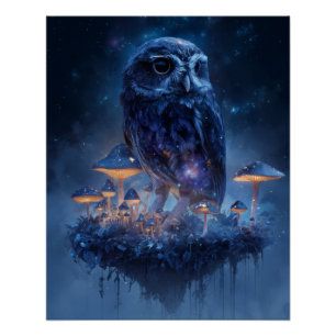 Mystieke Blauwe Uil met Gloeiende Paddenstoelen Perfect Poster