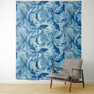Mystieke Blauwe Vis Stromende Harmonie Wandkleed