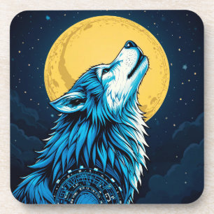 Mystieke Blauwe Wolf Huilend naar een Volle Maan Bier Onderzetter