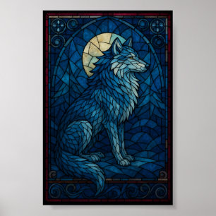 Mystieke Blauwe Wolf – Wandkunst in Glas-in-Lood S Poster