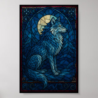 Mystieke Blauwe Wolf – Wandkunst in Glas-in-Lood S Poster