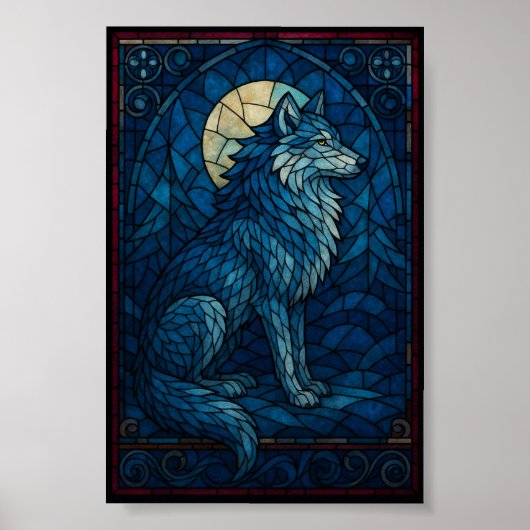 Mystieke Blauwe Wolf – Wandkunst in Glas-in-Lood S Poster (Voorkant)