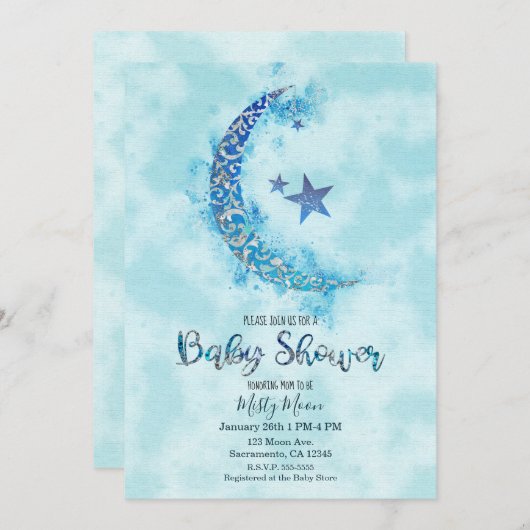 Mystieke Blauwe & Zilveren Waterverf Halve Maan Kaart (Voorkant / Achterkant)