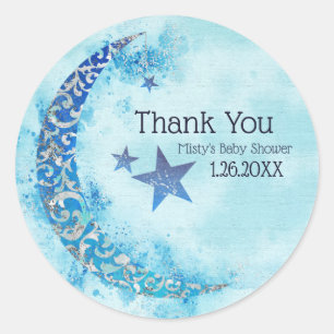 Mystieke Blauwe & Zilveren Waterverf Halve Maansik Ronde Sticker