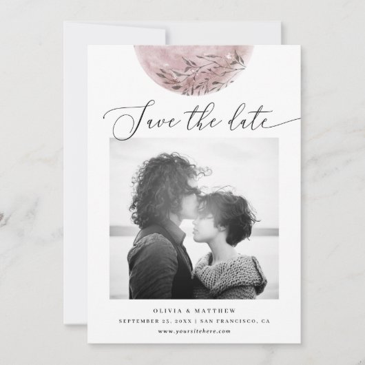 Mystieke Blush Pink Moon | Elegant script bruiloft Save The Date (Voorkant)