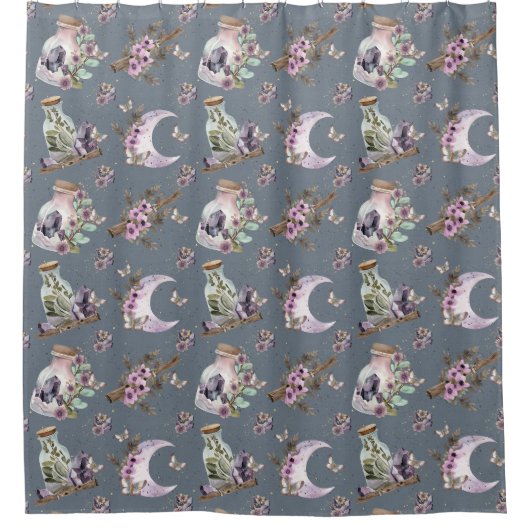 Mystieke Boho Lavendel Anemoon Maan en Potions Douchegordijn (Voorkant)