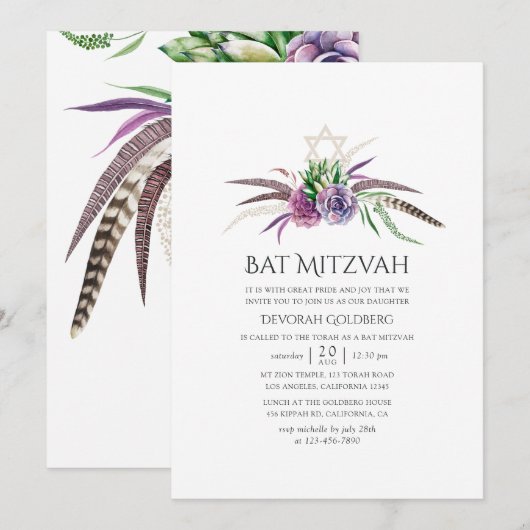 Mystieke Boho Succulenten Bat Mitzvah Kaart (Voorkant / Achterkant)