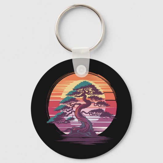 Mystieke Bonsai Tree - Retro Sunset Esthetisch Sleutelhanger (Voorkant)