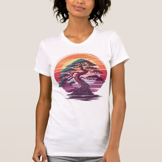 Mystieke Bonsai Tree - Retro Sunset Esthetisch T-shirt (Voorkant)