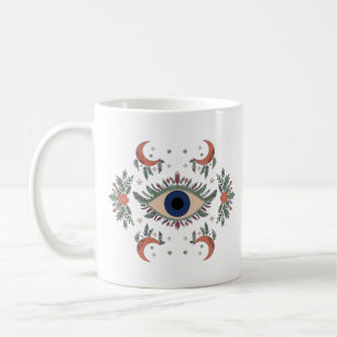 Mystieke boze oog en halve maan hemels wit koffiemok