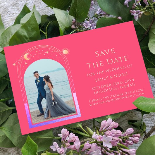 Mystieke Chic Fuchsia Roze Ster Maan Foto Ruimte Save The Date