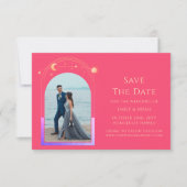 Mystieke Chic Fuchsia Roze Ster Maan Foto Ruimte Save The Date (Voorkant)