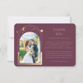 Mystieke Chic Pruim Goud Ster Maan Foto Bruiloft Bedankkaart (Voorkant)